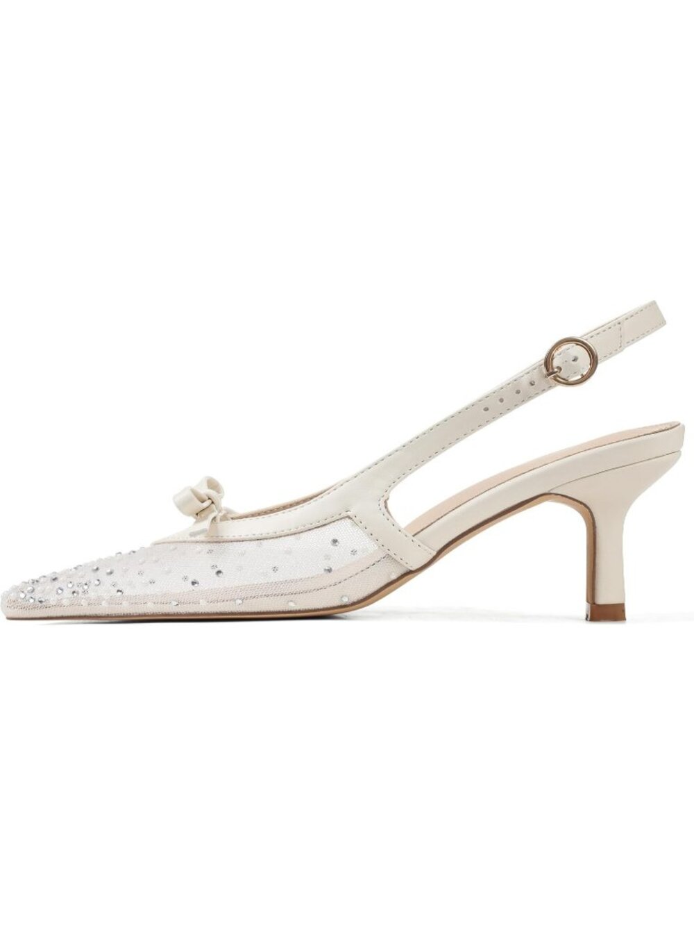 Women Beige Mesh Bow Ankle Strap Pointed Toe Slingback Buckle Kitten Heels